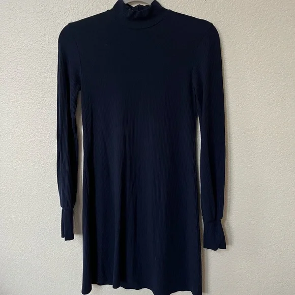 REFORMATION | Navy Blue Ribbed Mock Neck Long Sleeve Bodycon Mini Dress | Size S - Picture 2 of 6